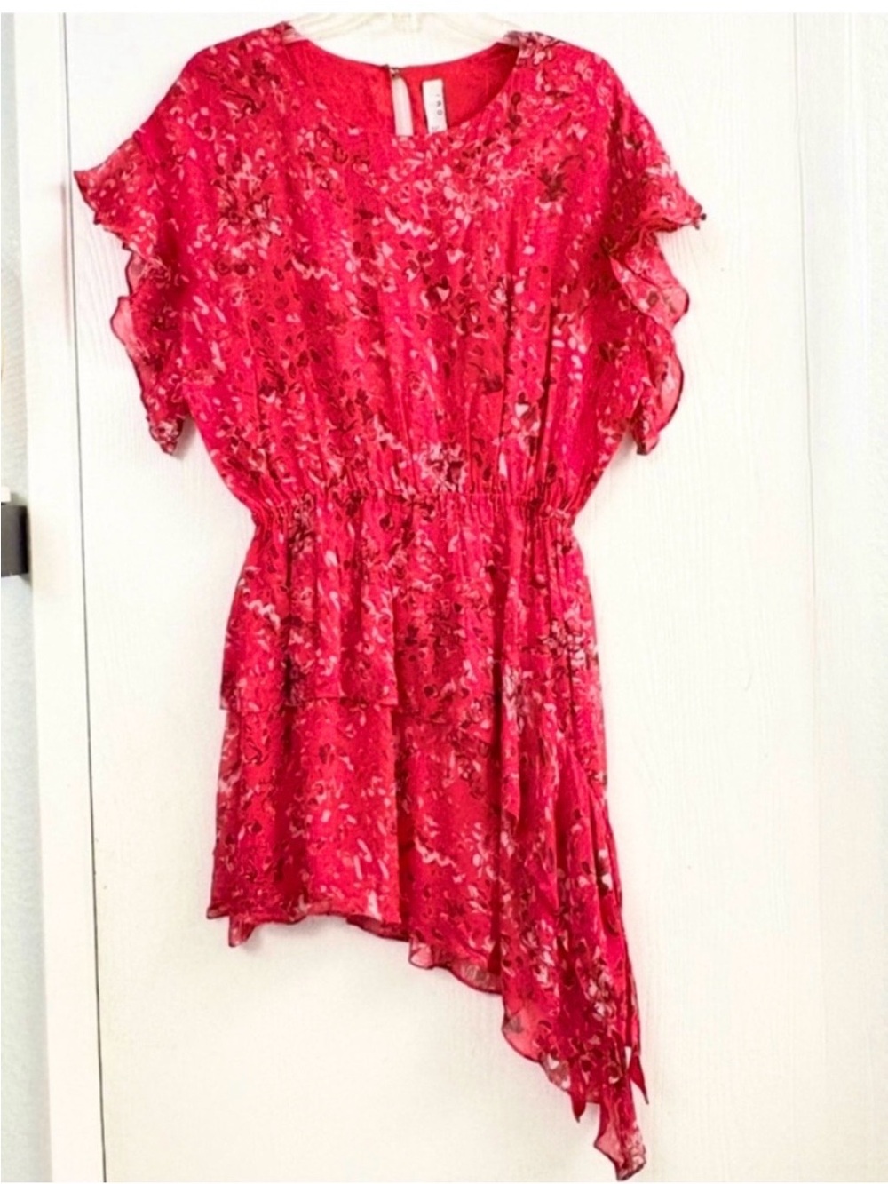 IRO Floral Ruffle Asymmetric Women's Red Mini Dress Size 36 US 4